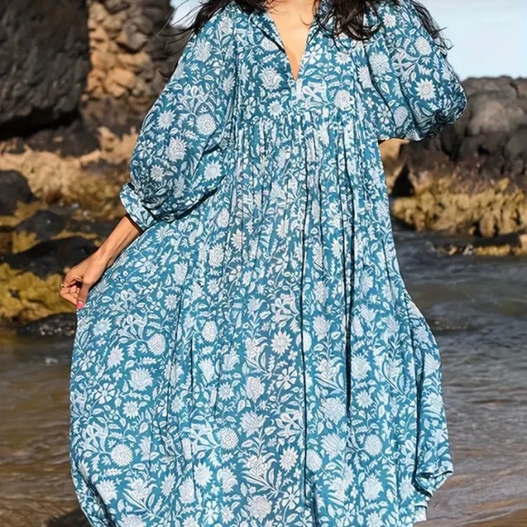 New Boho Aqua  & White Loose Viscose Floral Smock Dress small. The first picture - Picture 11 of 16